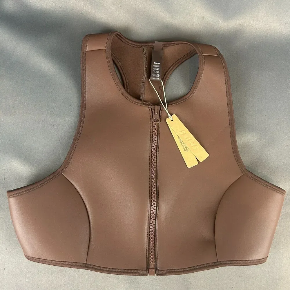 Skims Rubberized Scuba Swim Front-Zip High Neck Bikini Top Cocoa Brown XL NWT